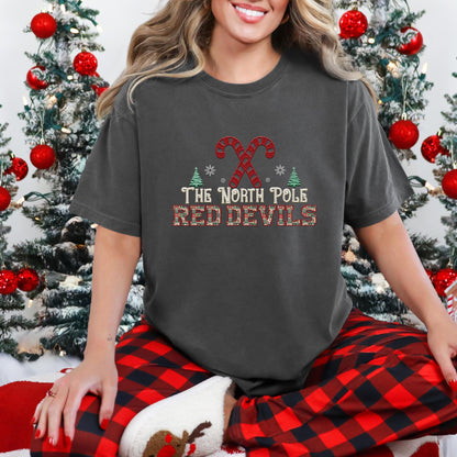 Red Devils Christmas themed Mascot PNG Christmas School Spirit,Holiday Mascot, Game day Christmas Festive Faux Embroidery Digital Download