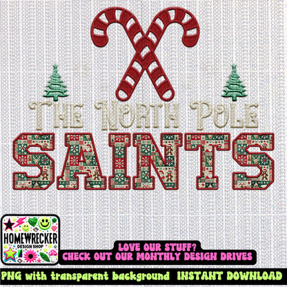 Saints Christmas themed Mascot PNG Christmas School Spirit, Holiday Mascot, Game day Christmas Festive Faux Embroidery Digital Download