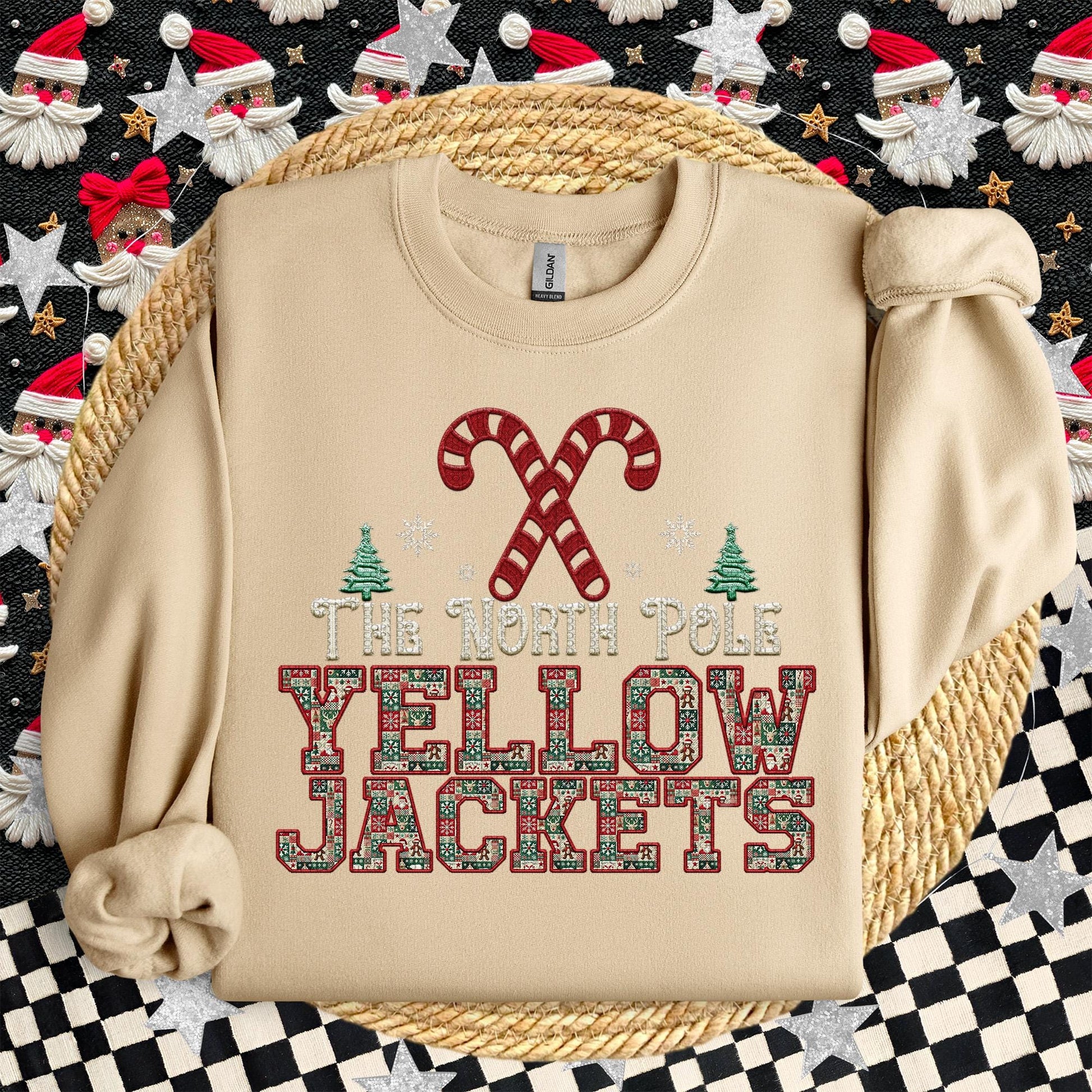 Yellowjackets Christmas themed Mascot PNG Christmas School Spirit, Holiday Mascot, Game day Christmas Faux Embroidery Digital Download