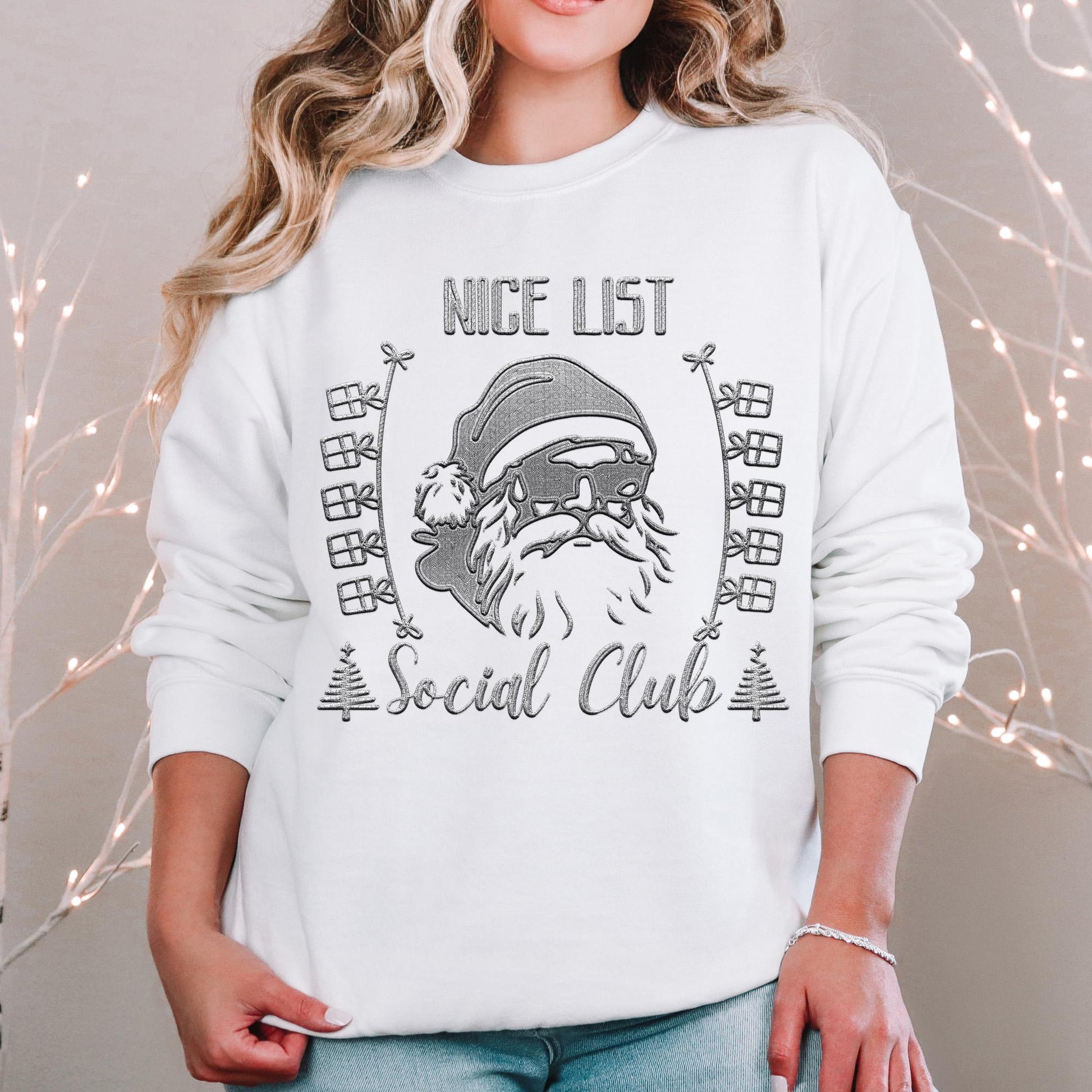 Nice List, Social Club, Santa with sunglasses, Faux Embroidery Christmas PNG Download shirt Design PNG Naughty and Nice PNG