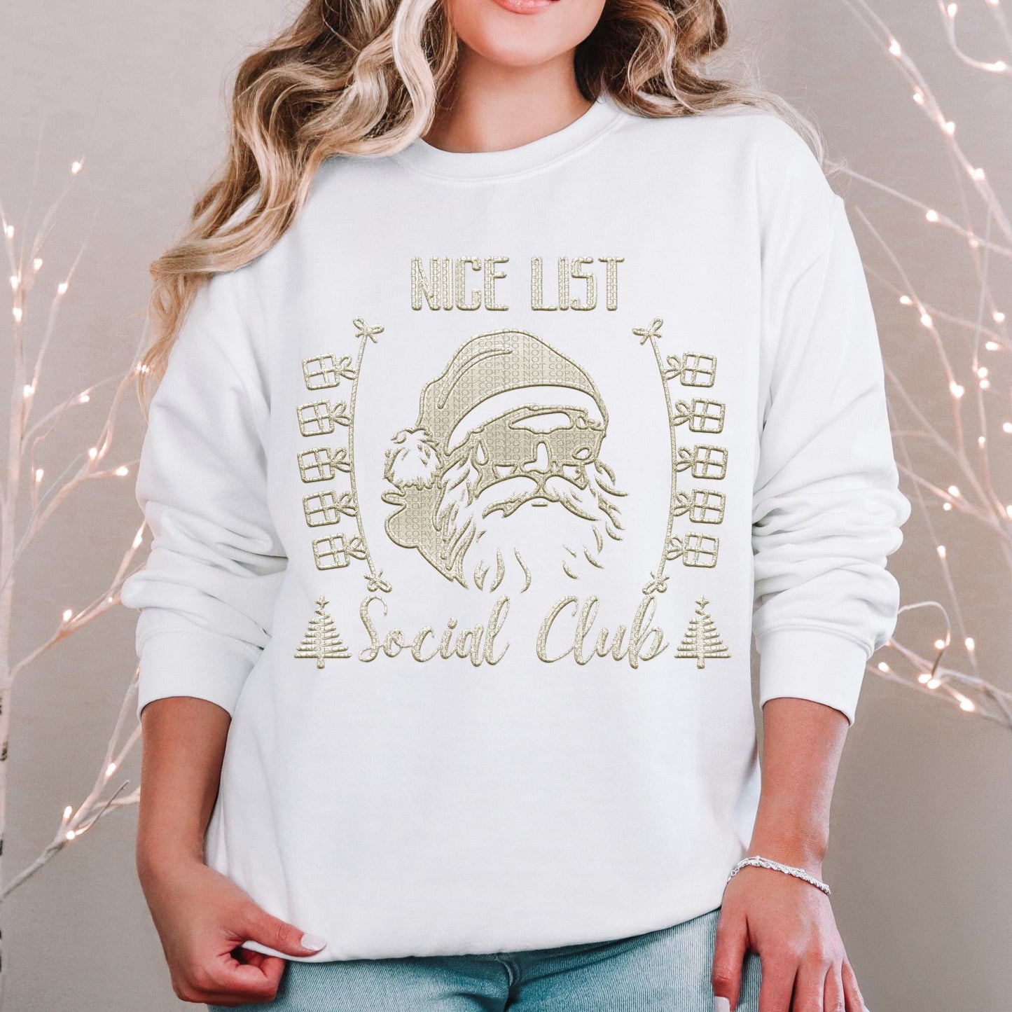 Nice List, Social Club, Santa with sunglasses, Faux Embroidery Christmas PNG Download shirt Design PNG Naughty and Nice PNG