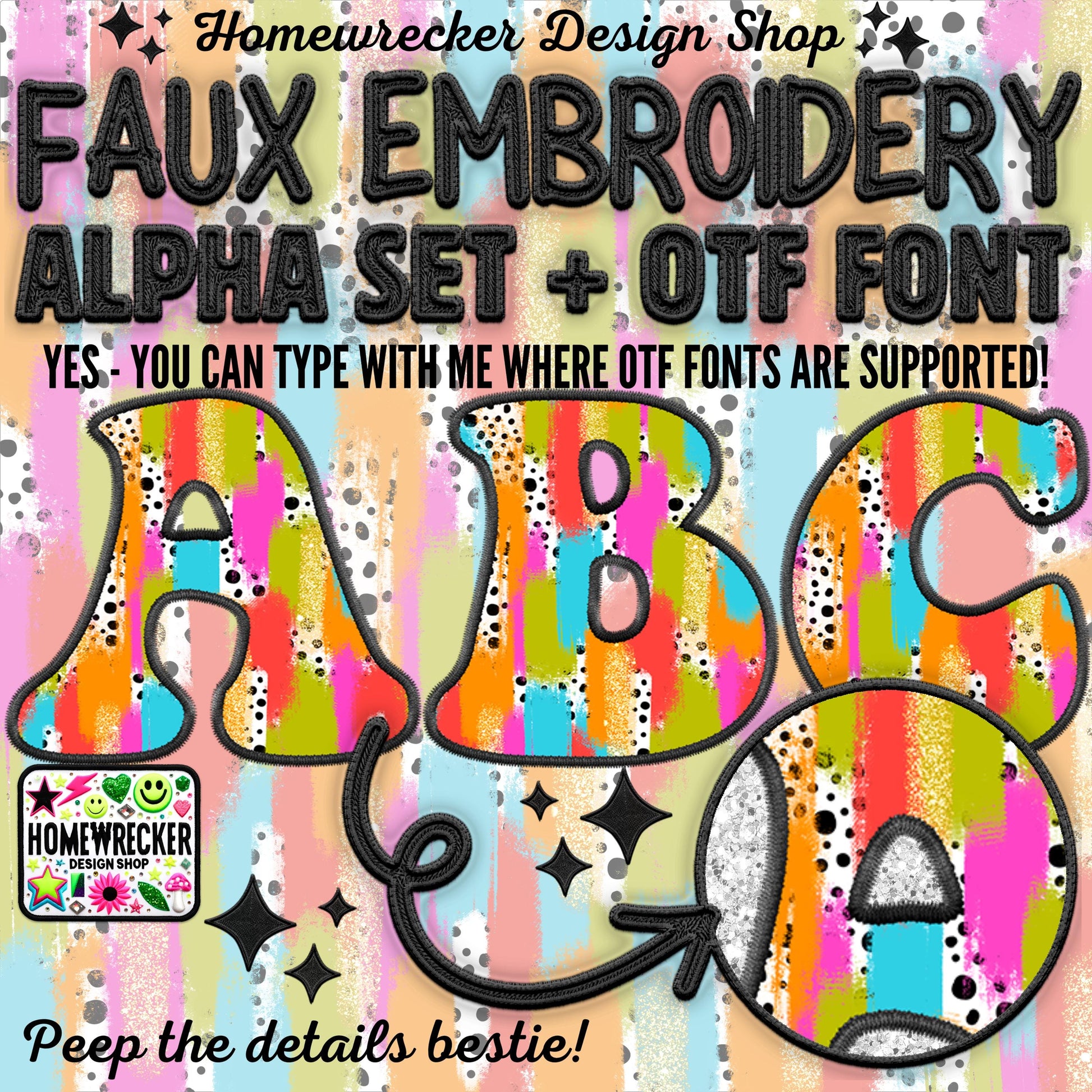 Groovy Brush Stroke Digital Alpha Set, OTF Font, Faux Embroidery Alpha, Bubble Letter Style Alpha, Clipart, Make your own designs, Digital