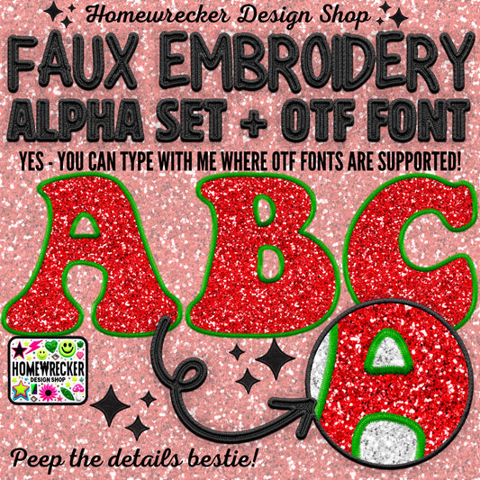 Christmas Alpha Digital Alpha Set, OTF Font, Faux Embroidery Alpha, Bubble Letter Style Alpha, Clipart, Make your own designs, Digital