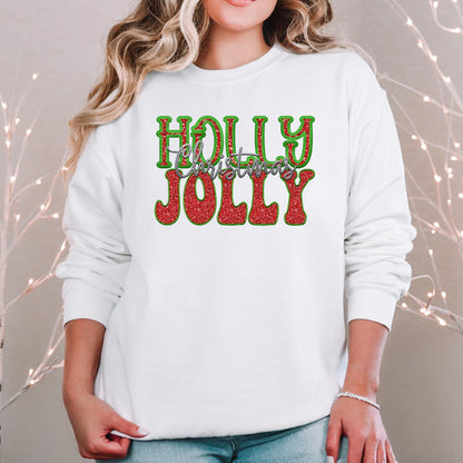 Holly Jolly Christmas faux embroidery digital design, Christmas Holiday design, tshirt design, Script Font Christmas PNG