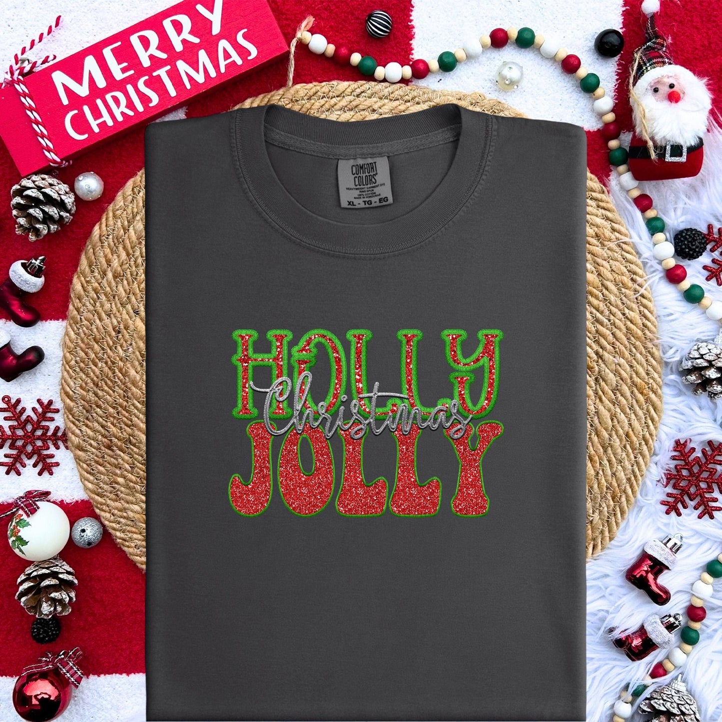 Holly Jolly Christmas faux embroidery digital design, Christmas Holiday design, tshirt design, Script Font Christmas PNG