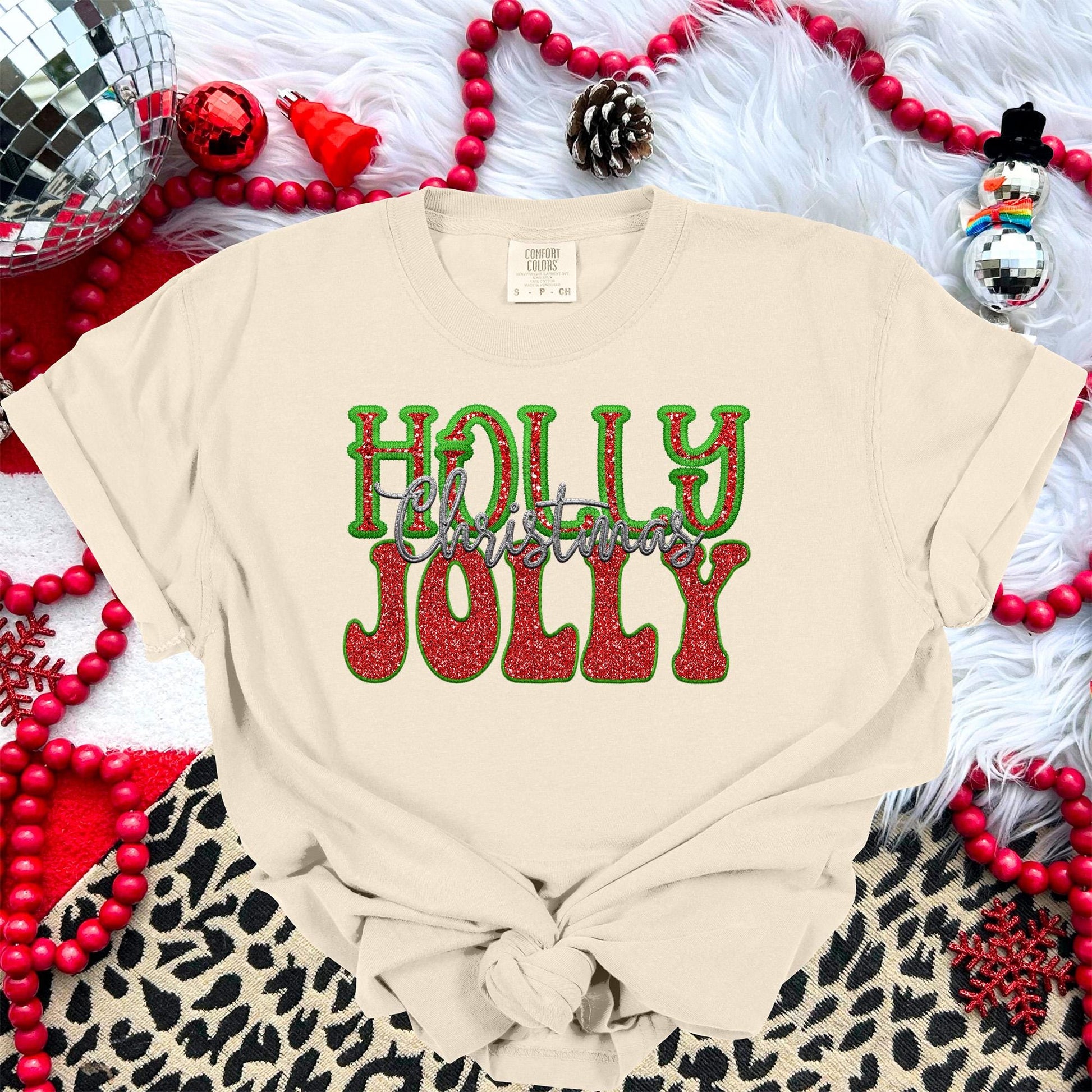 Holly Jolly Christmas faux embroidery digital design, Christmas Holiday design, tshirt design, Script Font Christmas PNG