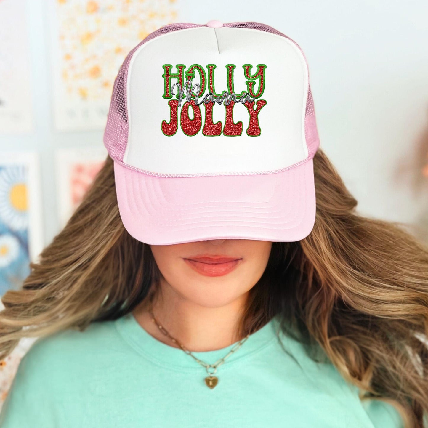 Holly Jolly Mama faux embroidery digital design, Christmas Holiday design, tshirt design, Script Font Christmas PNG