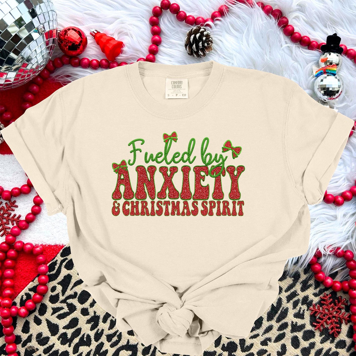 Fueled by Anxiety and Christmas Spirit PNG Faux Embroidery digital Design Christmas PNG Holiday T-shirt Design Holiday Digital Download