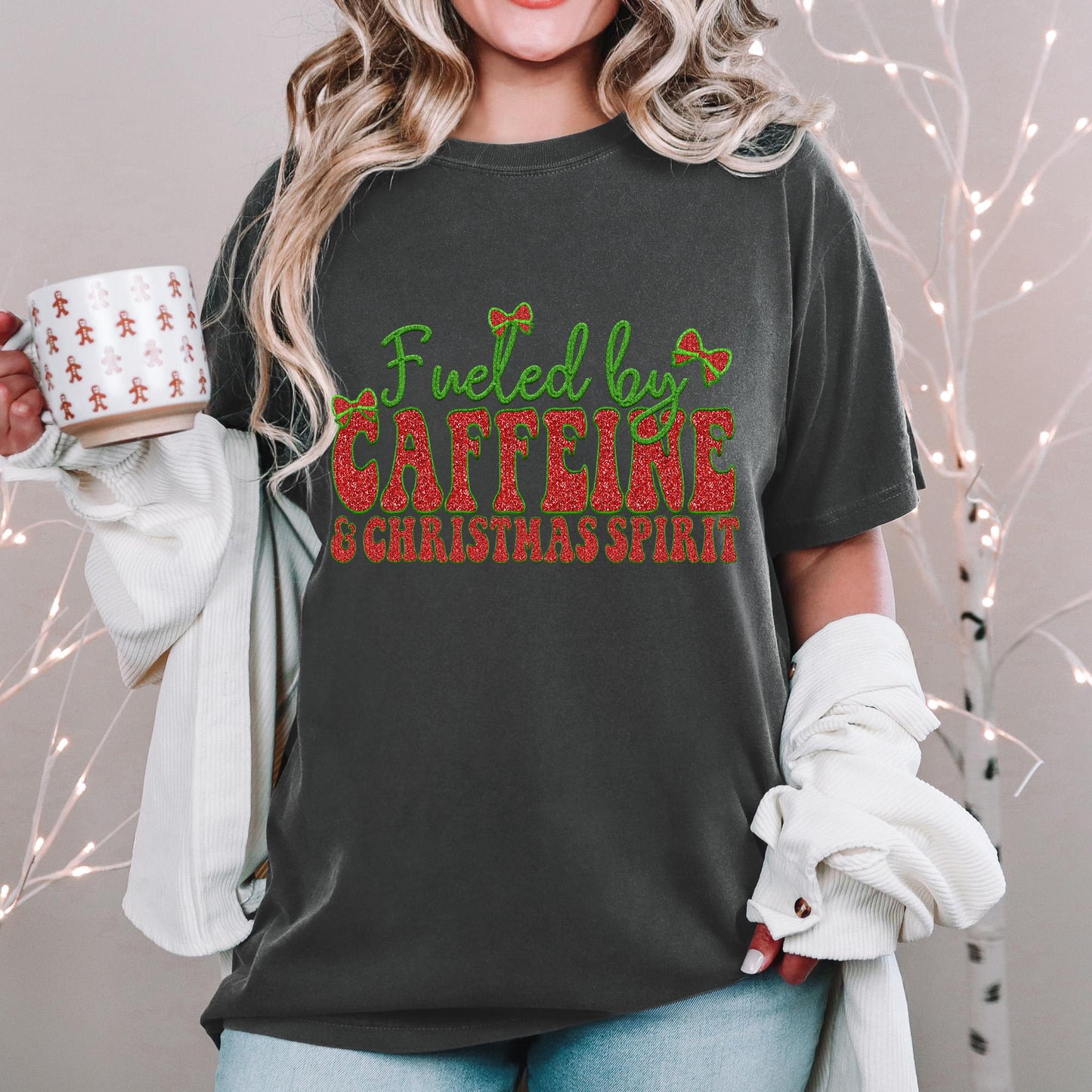 Fueled by Caffeine and Christmas Spirit PNG Faux Embroidery digital Design Christmas PNG Holiday T-shirt Design Holiday Digital Download