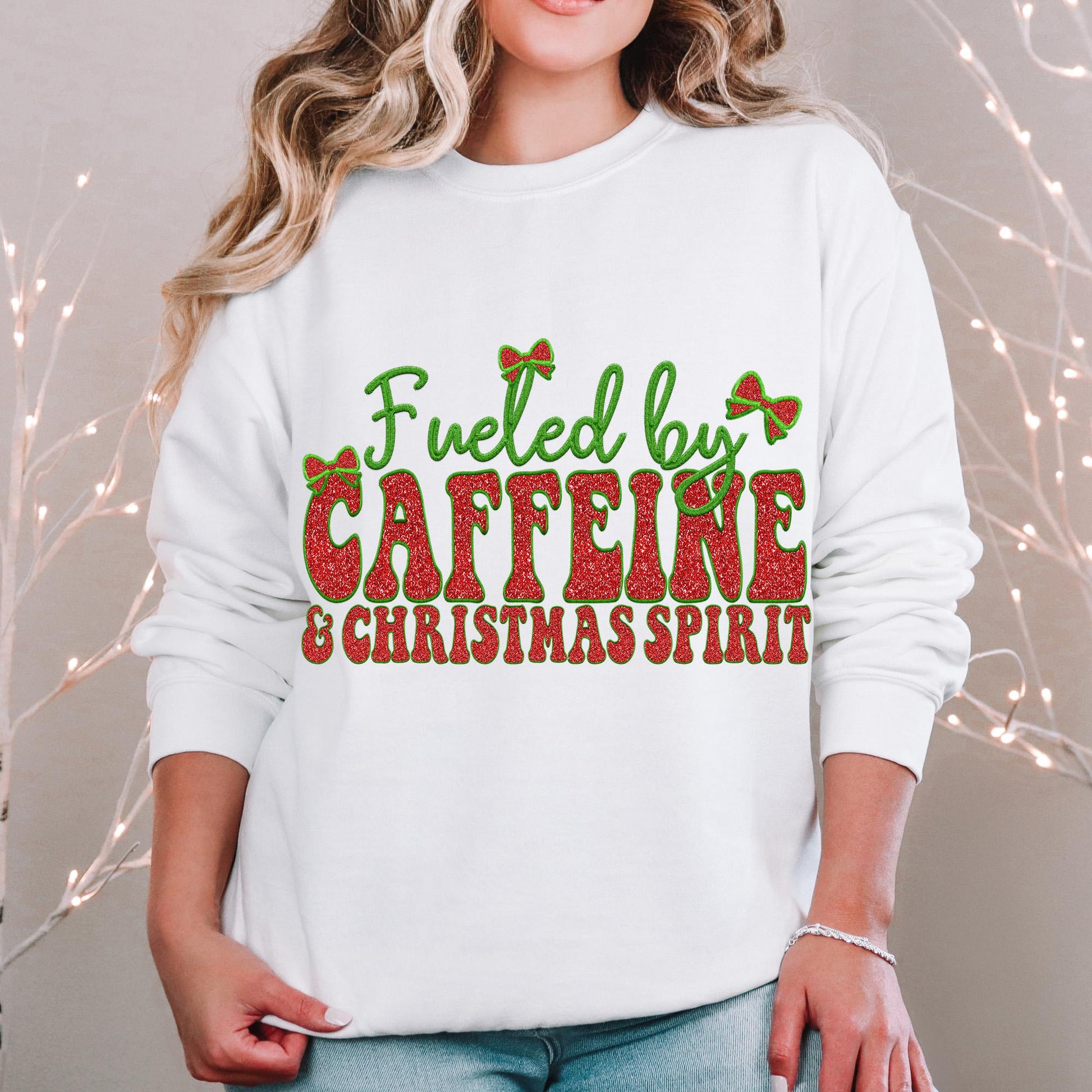 Fueled by Caffeine and Christmas Spirit PNG Faux Embroidery digital Design Christmas PNG Holiday T-shirt Design Holiday Digital Download