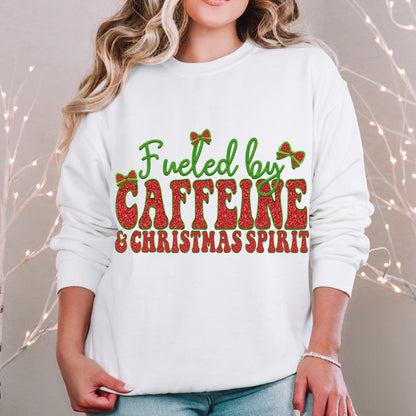 Fueled by Caffeine and Christmas Spirit PNG Faux Embroidery digital Design Christmas PNG Holiday T-shirt Design Holiday Digital Download