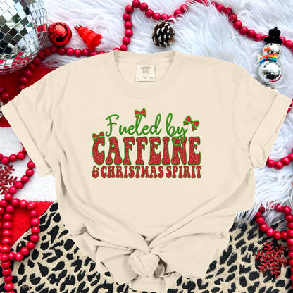 Fueled by Caffeine and Christmas Spirit PNG Faux Embroidery digital Design Christmas PNG Holiday T-shirt Design Holiday Digital Download