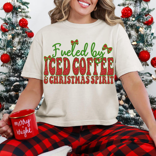 Fueled by Iced Coffee and Christmas Spirit PNG Faux Embroidery digital Design Christmas PNG Holiday T-shirt Design Holiday Digital Download