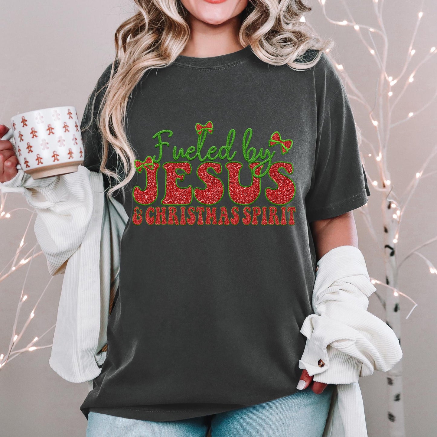 Fueled by Jesus and Christmas Spirit PNG Faux Embroidery digital Design Christmas PNG Holiday T-shirt Design Holiday Digital Download