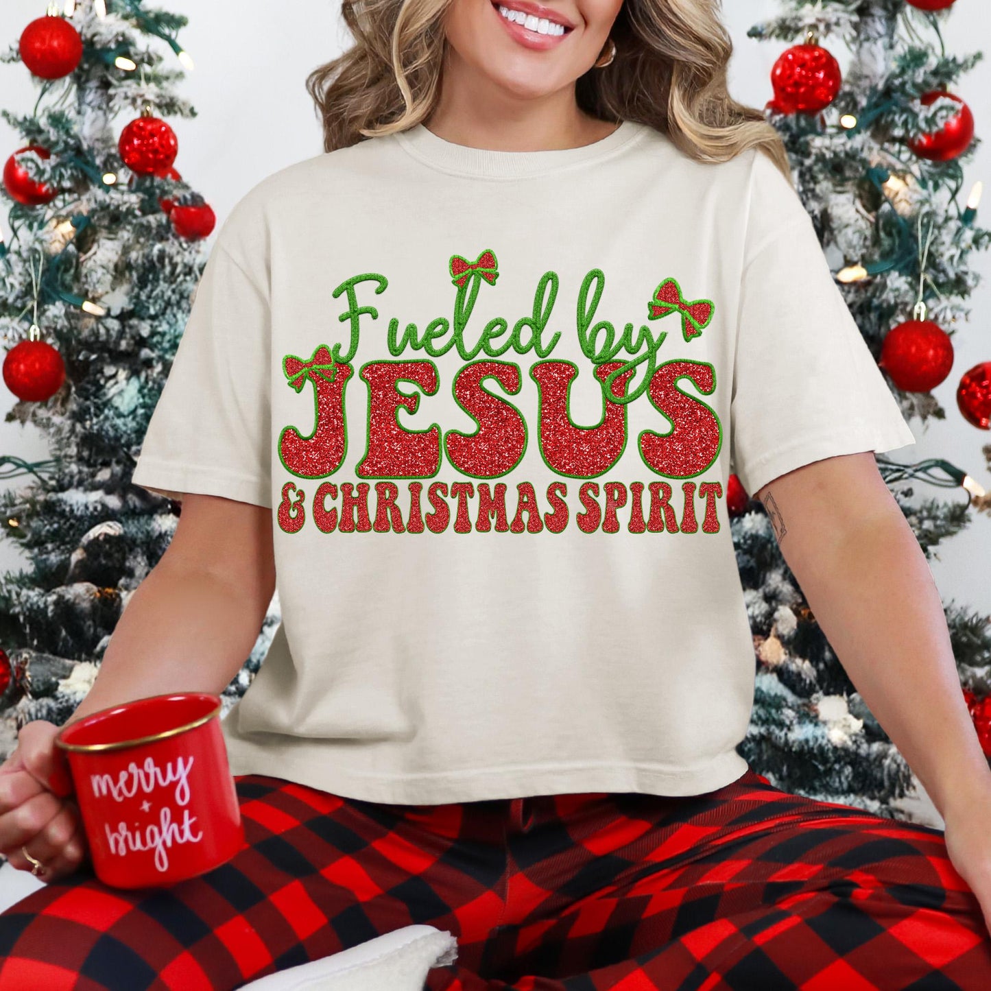 Fueled by Jesus and Christmas Spirit PNG Faux Embroidery digital Design Christmas PNG Holiday T-shirt Design Holiday Digital Download