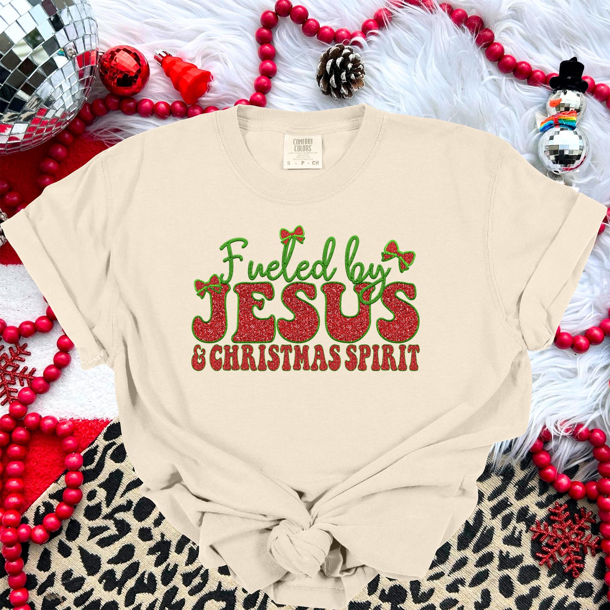 Fueled by Jesus and Christmas Spirit PNG Faux Embroidery digital Design Christmas PNG Holiday T-shirt Design Holiday Digital Download