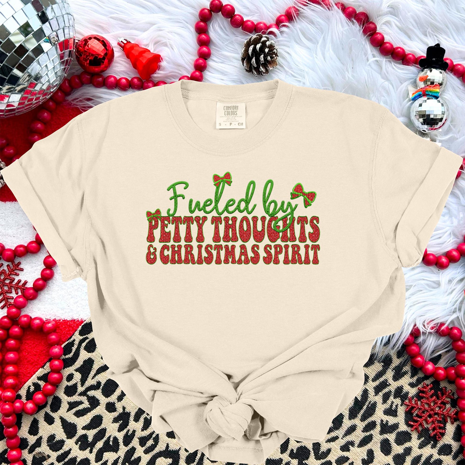 Fueled by Petty Thoughts and Christmas Spirit PNG Faux Embroidery digital Design Christmas PNG Holiday shirt Design Holiday Digital Download