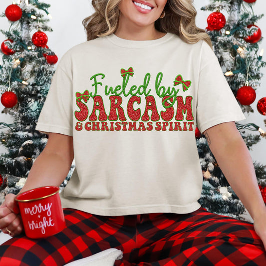 Fueled by Sarcasm and Christmas Spirit PNG Faux Embroidery digital Design Christmas PNG Holiday T-shirt Design Holiday Digital Download