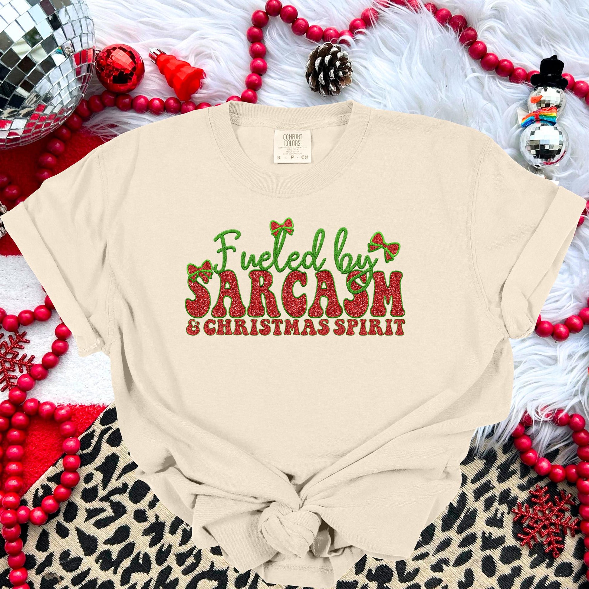 Fueled by Sarcasm and Christmas Spirit PNG Faux Embroidery digital Design Christmas PNG Holiday T-shirt Design Holiday Digital Download