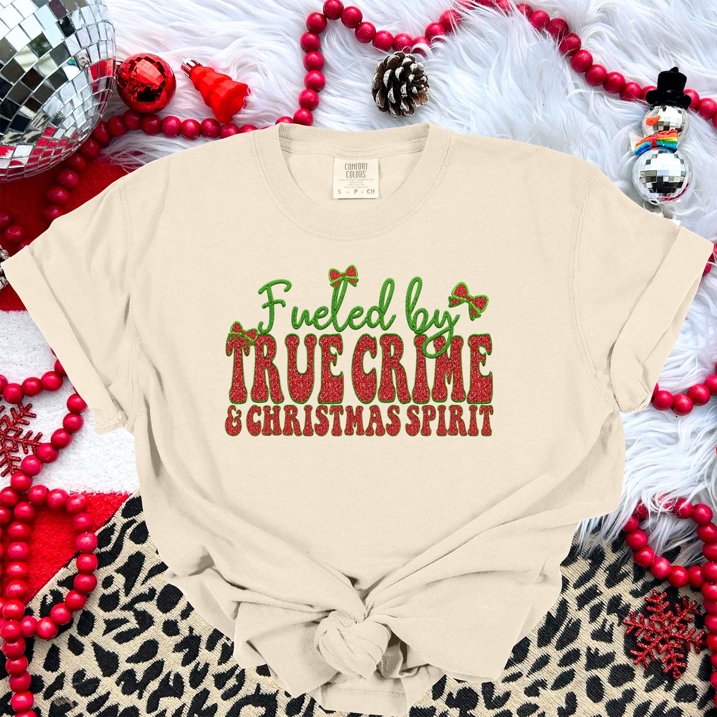 Fueled by True Crime and Christmas Spirit PNG Faux Embroidery digital Design Christmas PNG Holiday T-shirt Design Holiday Digital Download