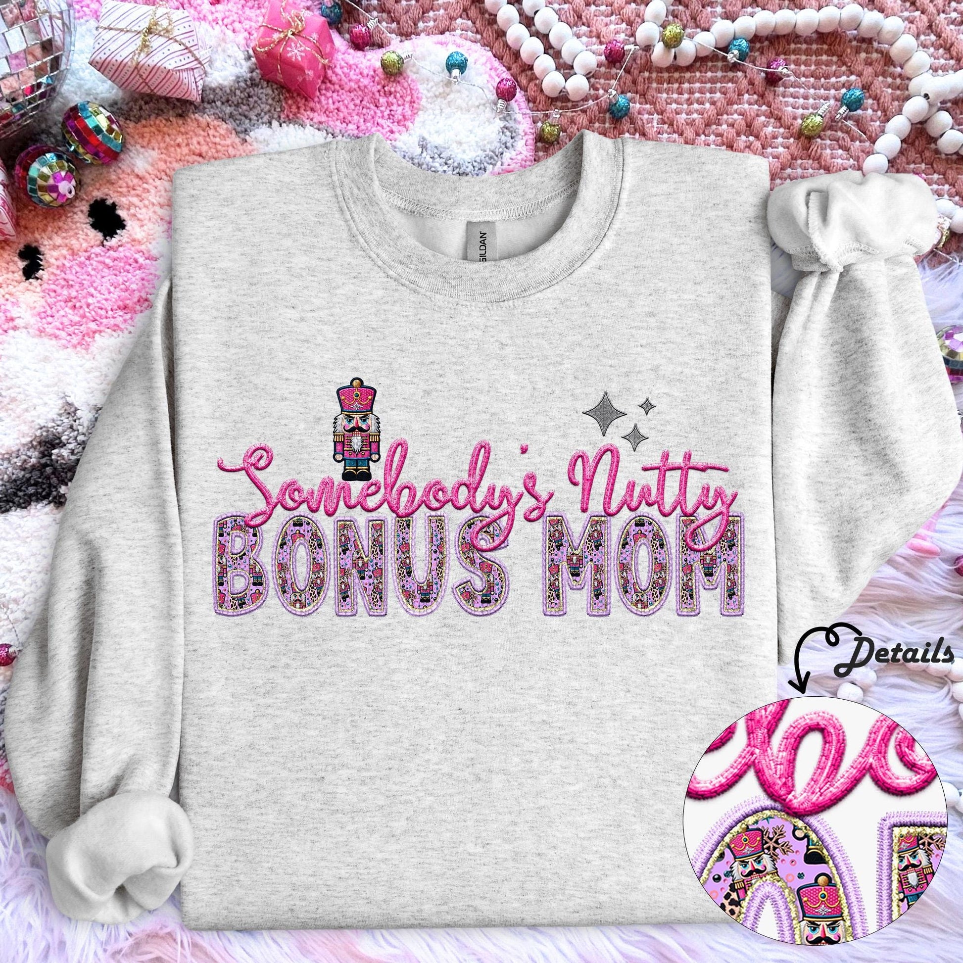 Bonus Mom | Somebodys Nutty PNG Faux Embroidery digital Design Christmas PNG Holiday T-shirt Design Holiday Digital Download