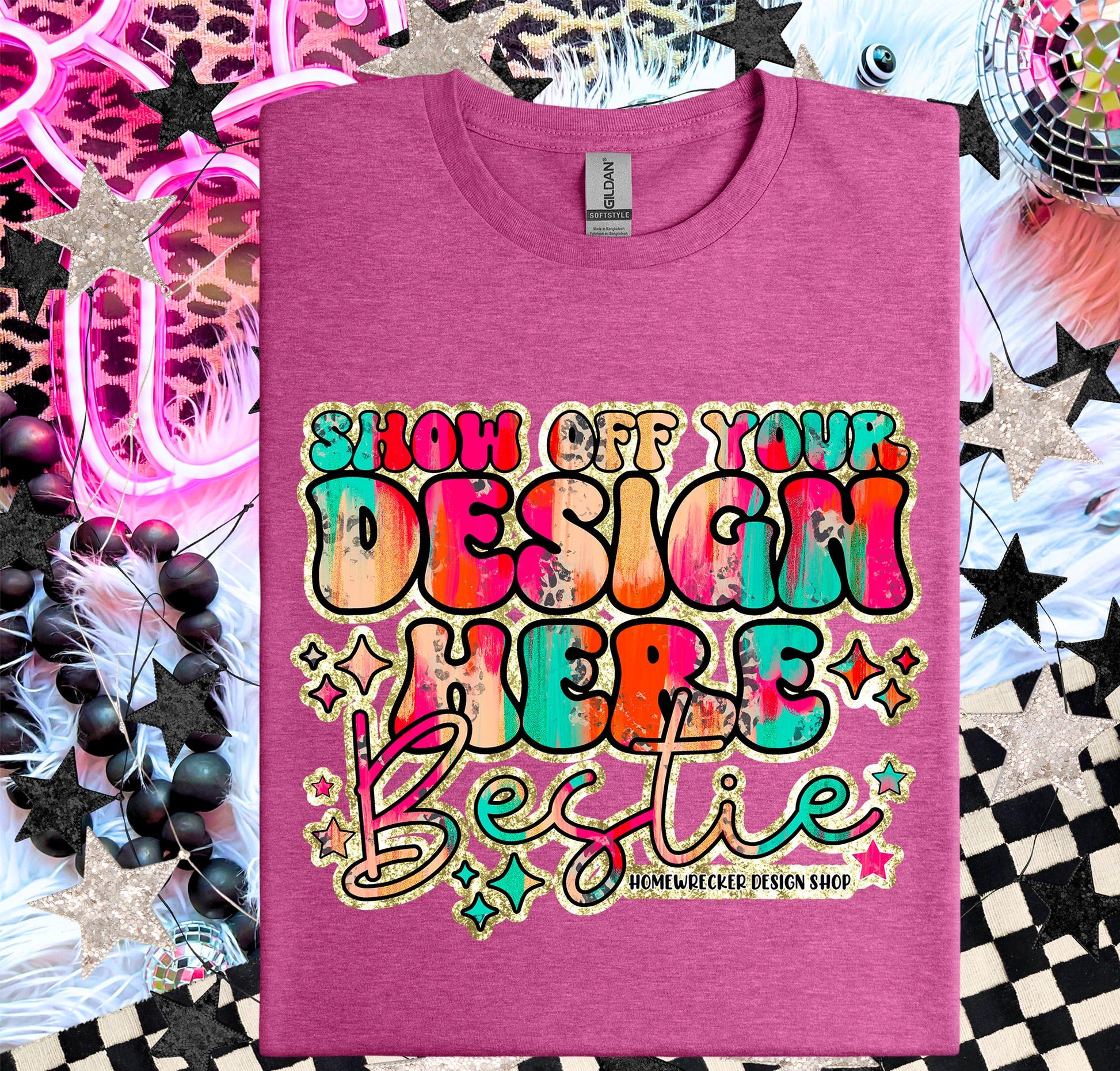 Gildan Softstyle Mockup, Heather Berry, G64000 flat lay, Neon Disco Balloon Dog Neon Light, Checkered print Trendy Mock up product mock up