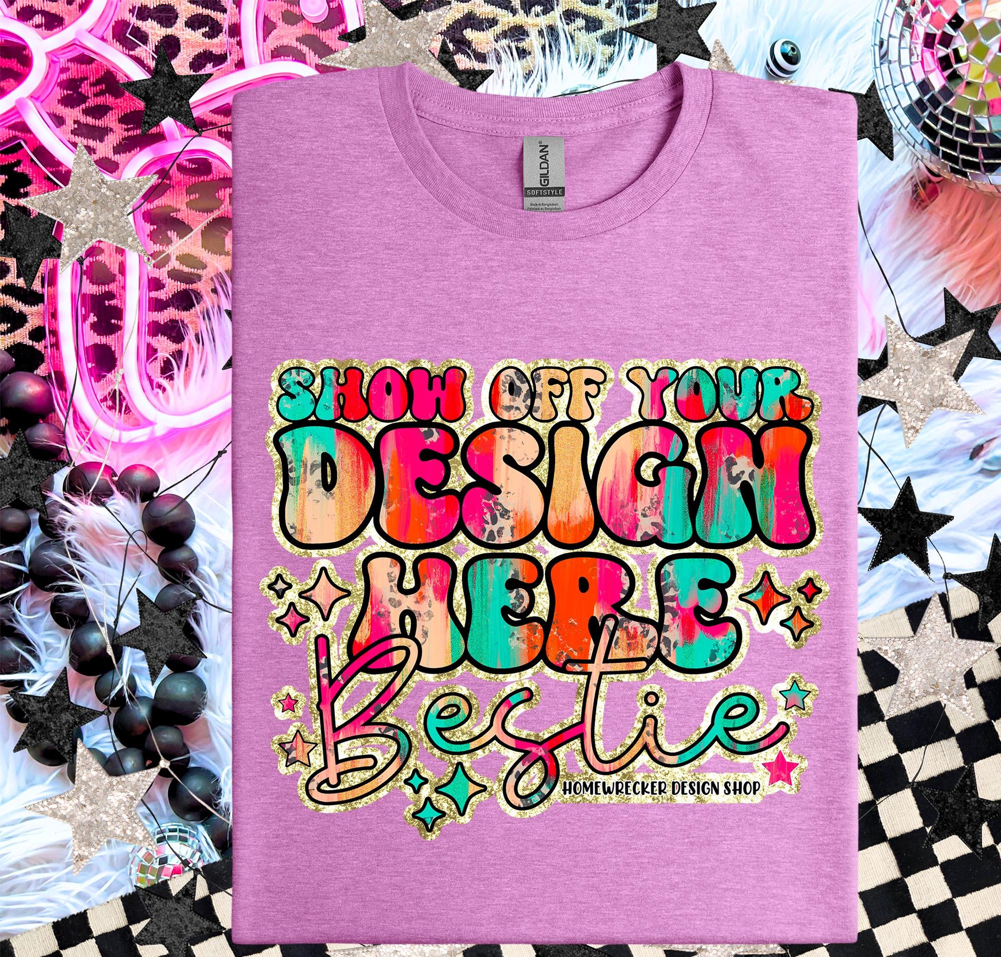 Gildan Softstyle Mockup, Heather Orchid, G64000 flat lay, Neon Disco Balloon Dog Neon Light, Checkered print Trendy Mock up