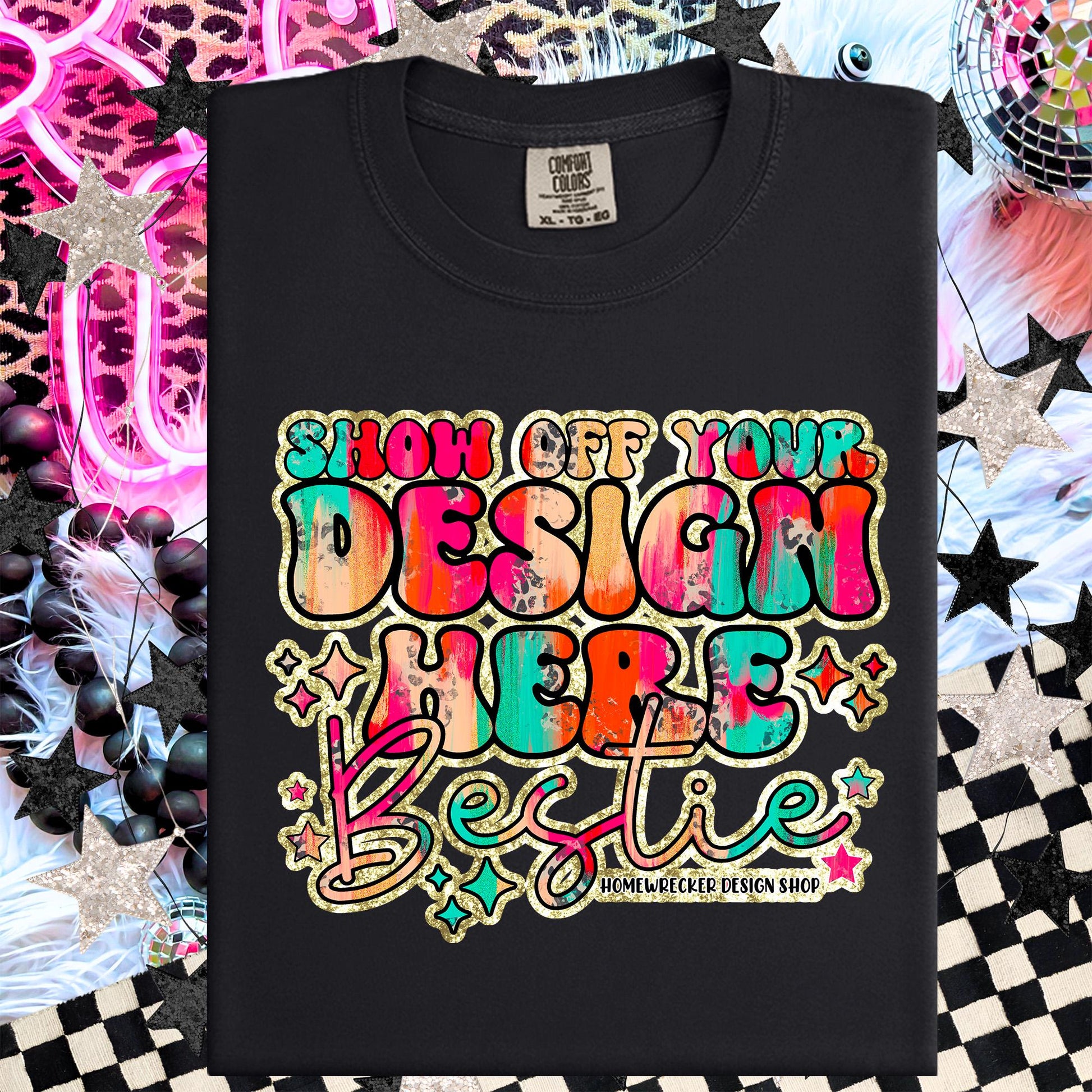 Comfort colors Mockup, Black, CC1717 flat lay, Neon Disco Balloon Dog Neon Light, Checkered print Trendy Mock up