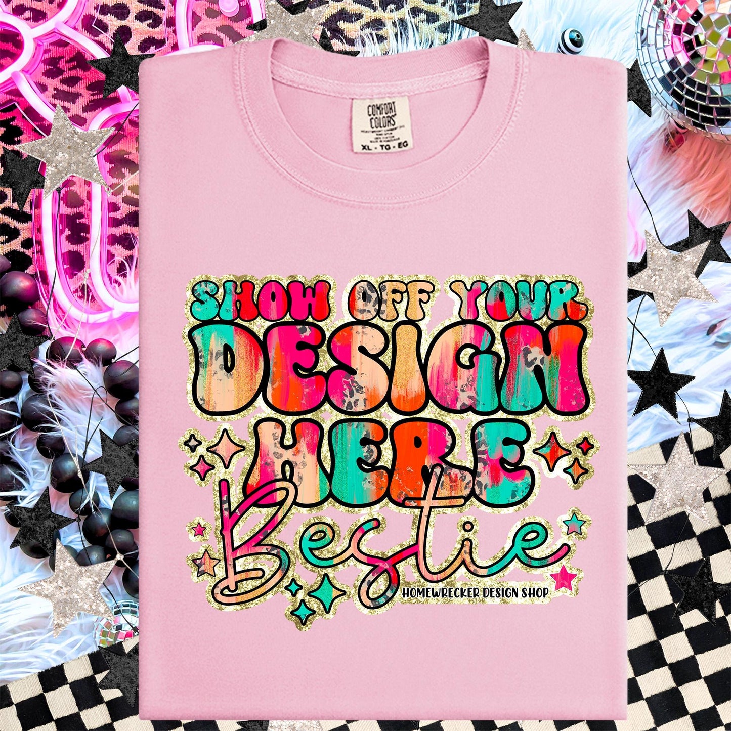 Comfort colors Mockup, Blossom, CC1717 flat lay, Neon Disco Balloon Dog Neon Light, Checkered print Trendy Mock up