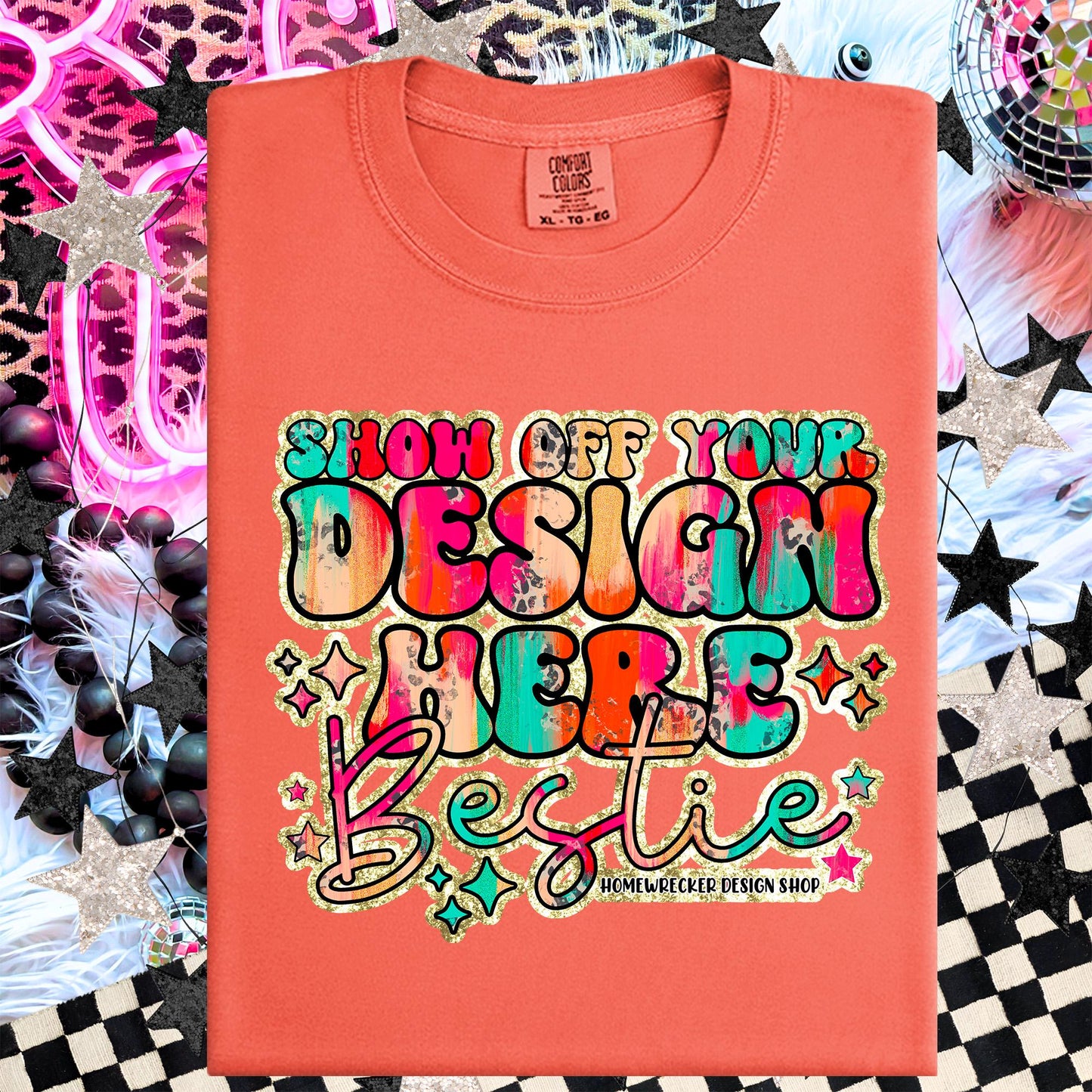 Comfort colors Mockup, Bright Salmon , CC1717 flat lay, Neon Disco Balloon Dog Neon Light, Checkered print Trendy Mock up