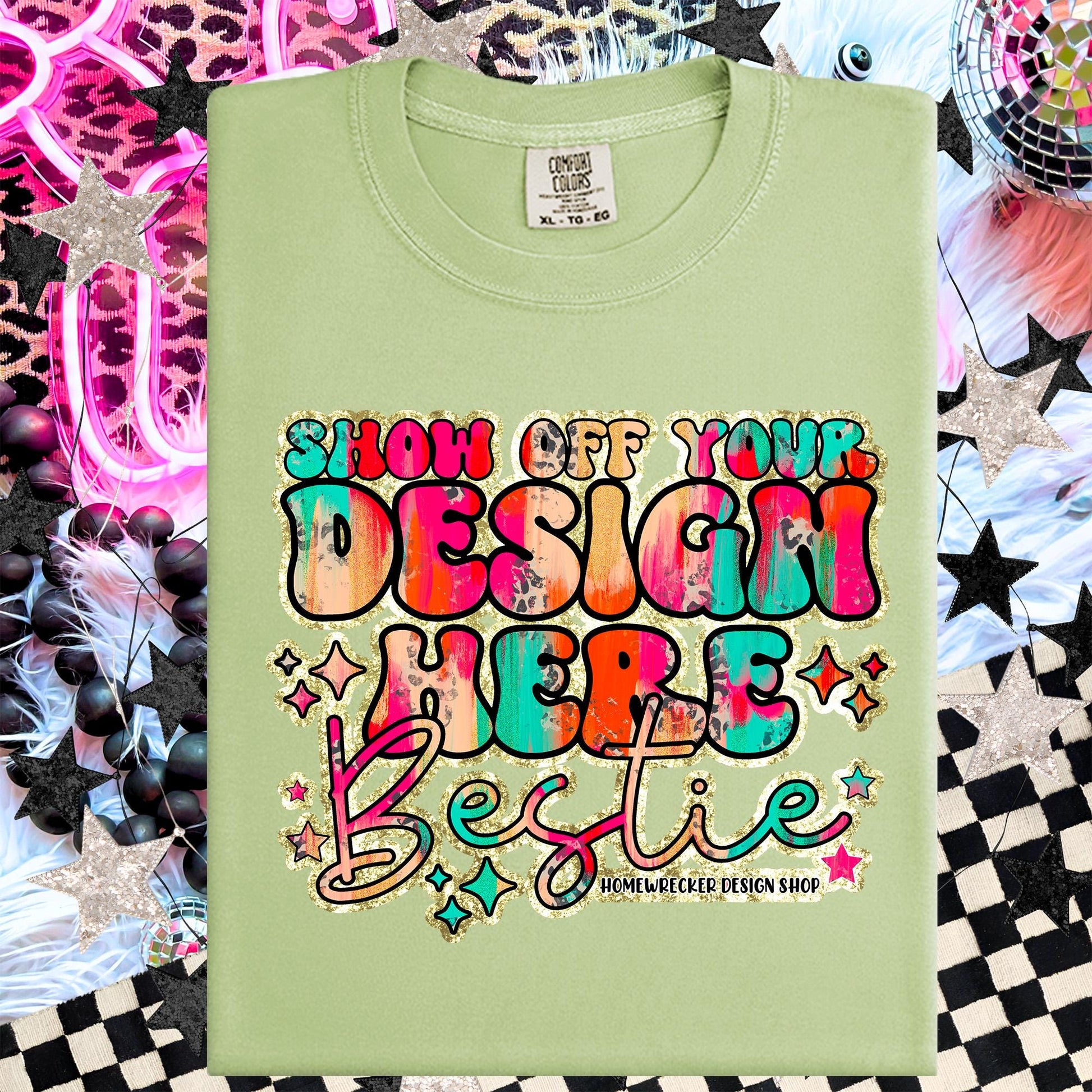 Comfort colors Mockup, Celadon, CC1717 flat lay, Neon Disco Balloon Dog Neon Light, Checkered print Trendy Mock up