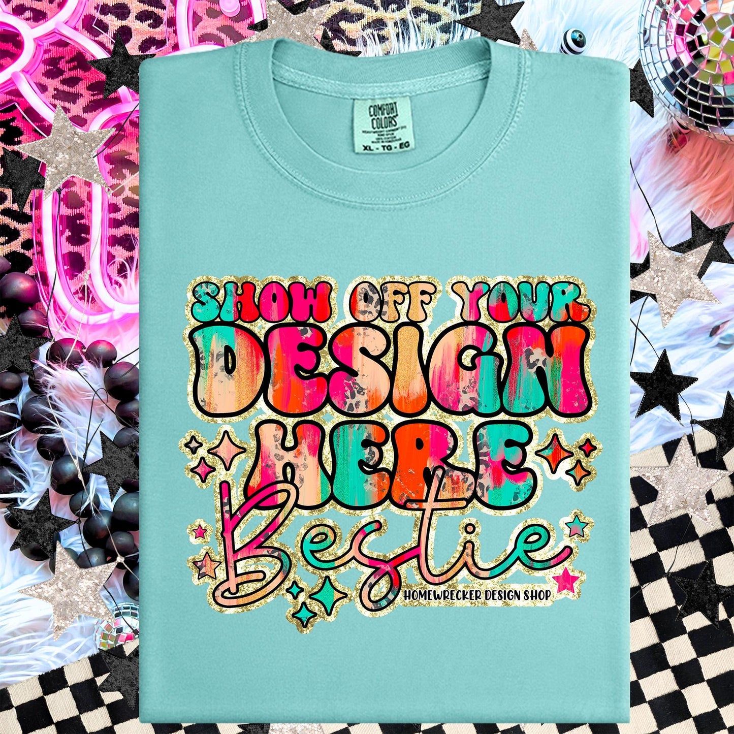 Comfort colors Mockup, Chalky Mint , CC1717 flat lay, Neon Disco Balloon Dog Neon Light, Checkered print Trendy Mock up