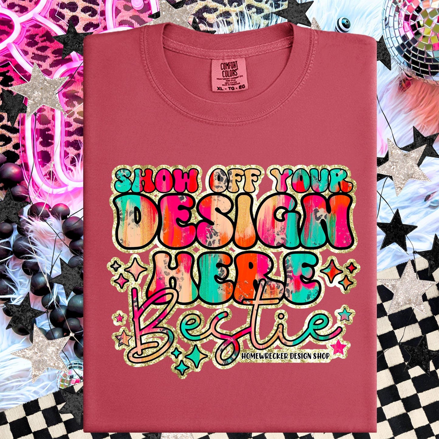 Comfort colors Mockup, Crimson, CC1717 flat lay, Neon Disco Balloon Dog Neon Light, Checkered print Trendy Mock up