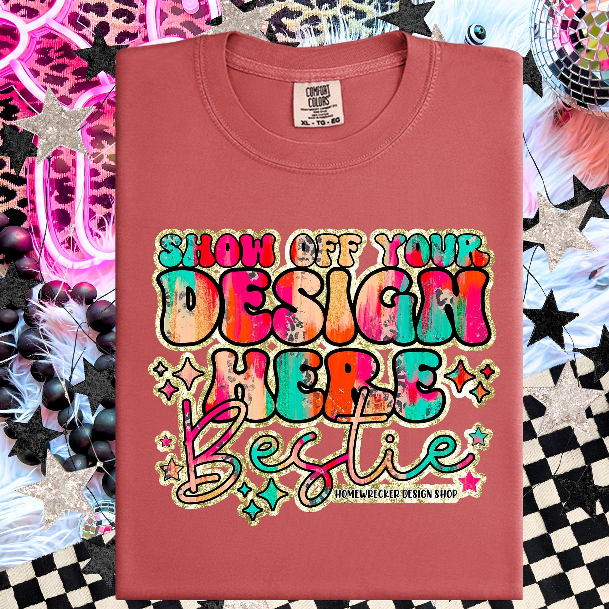 Comfort colors Mockup, Cumin, CC1717 flat lay, Neon Disco Balloon Dog Neon Light, Checkered print Trendy Mock up