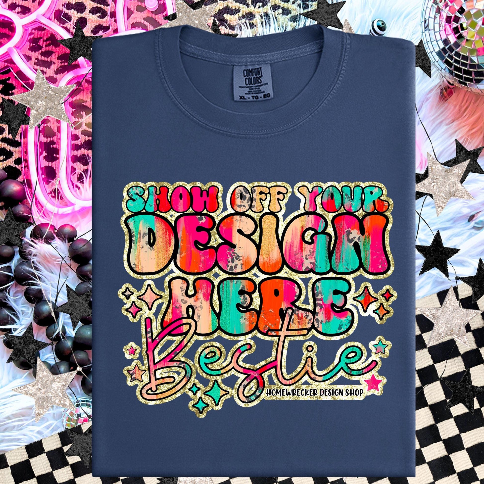 Comfort colors Mockup, Denim , CC1717 flat lay, Neon Disco Balloon Dog Neon Light, Checkered print Trendy Mock up