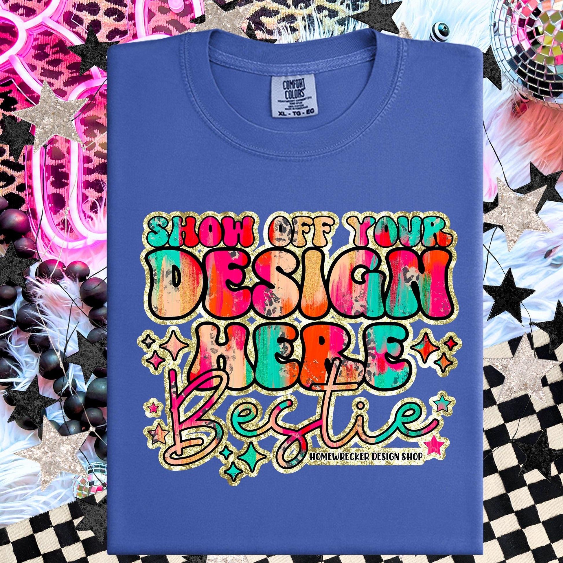 Comfort colors Mockup, Flo Blue , CC1717 flat lay, Neon Disco Balloon Dog Neon Light, Checkered print Trendy Mock up