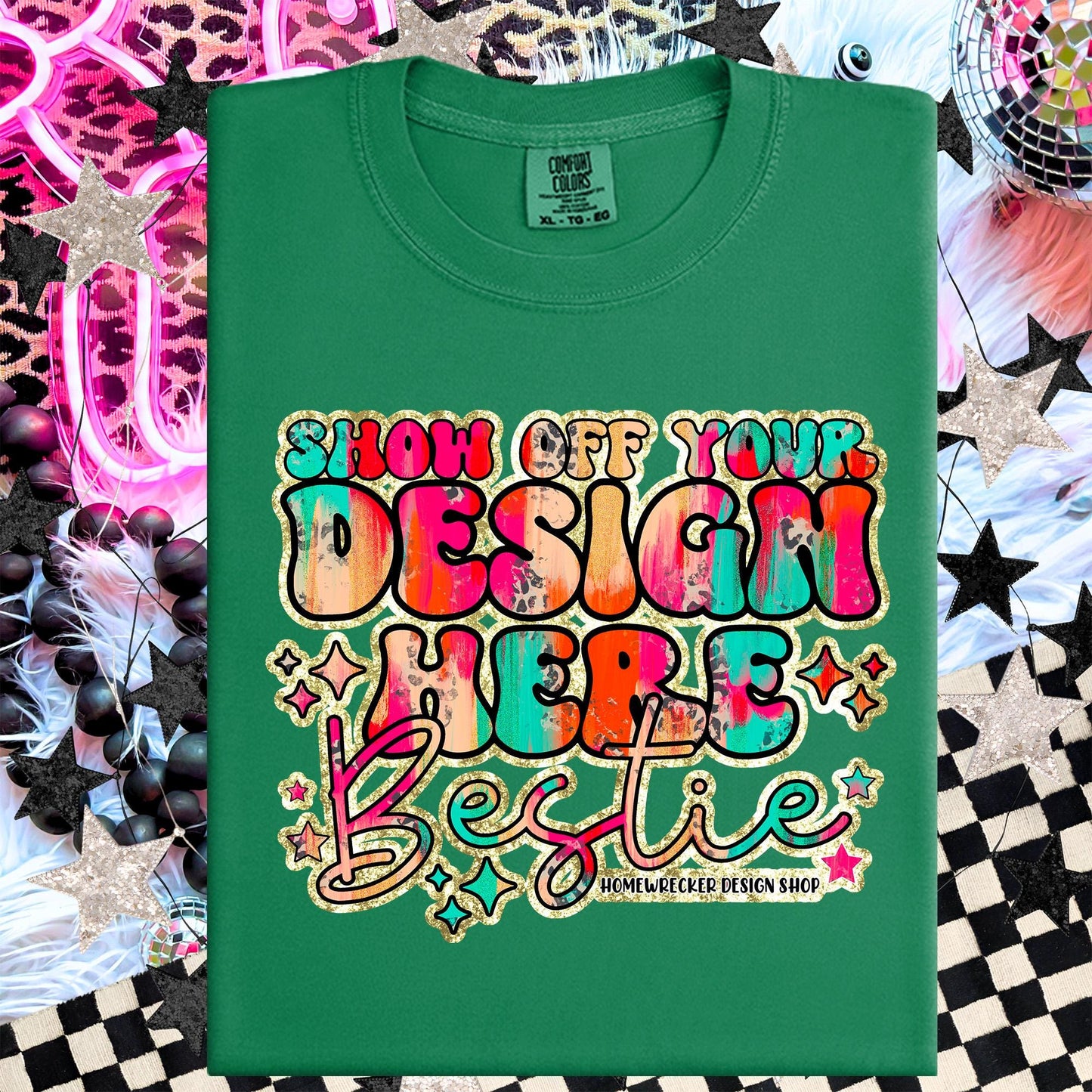 Comfort colors Mockup, Grass , CC1717 flat lay, Neon Disco Balloon Dog Neon Light, Checkered print Trendy Mock up