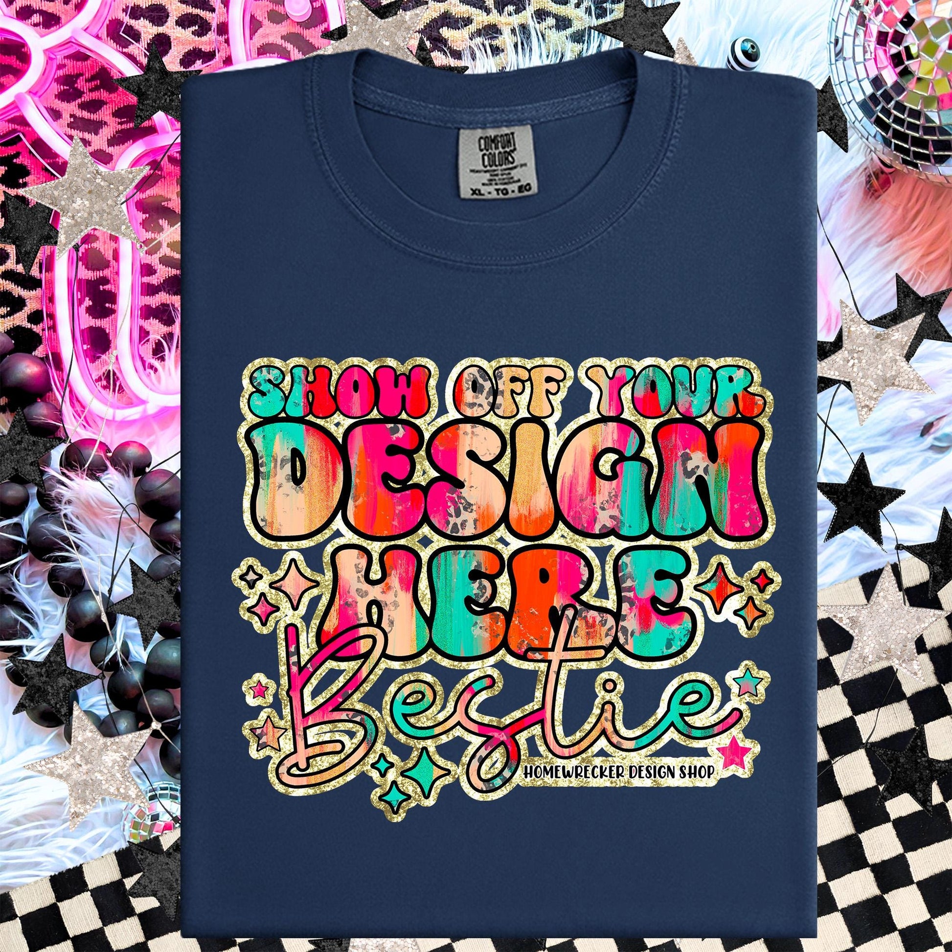 Comfort colors, Midnight , CC1717 flat lay, Neon Disco Balloon Dog Neon Light, Checkered print Trendy Mock up