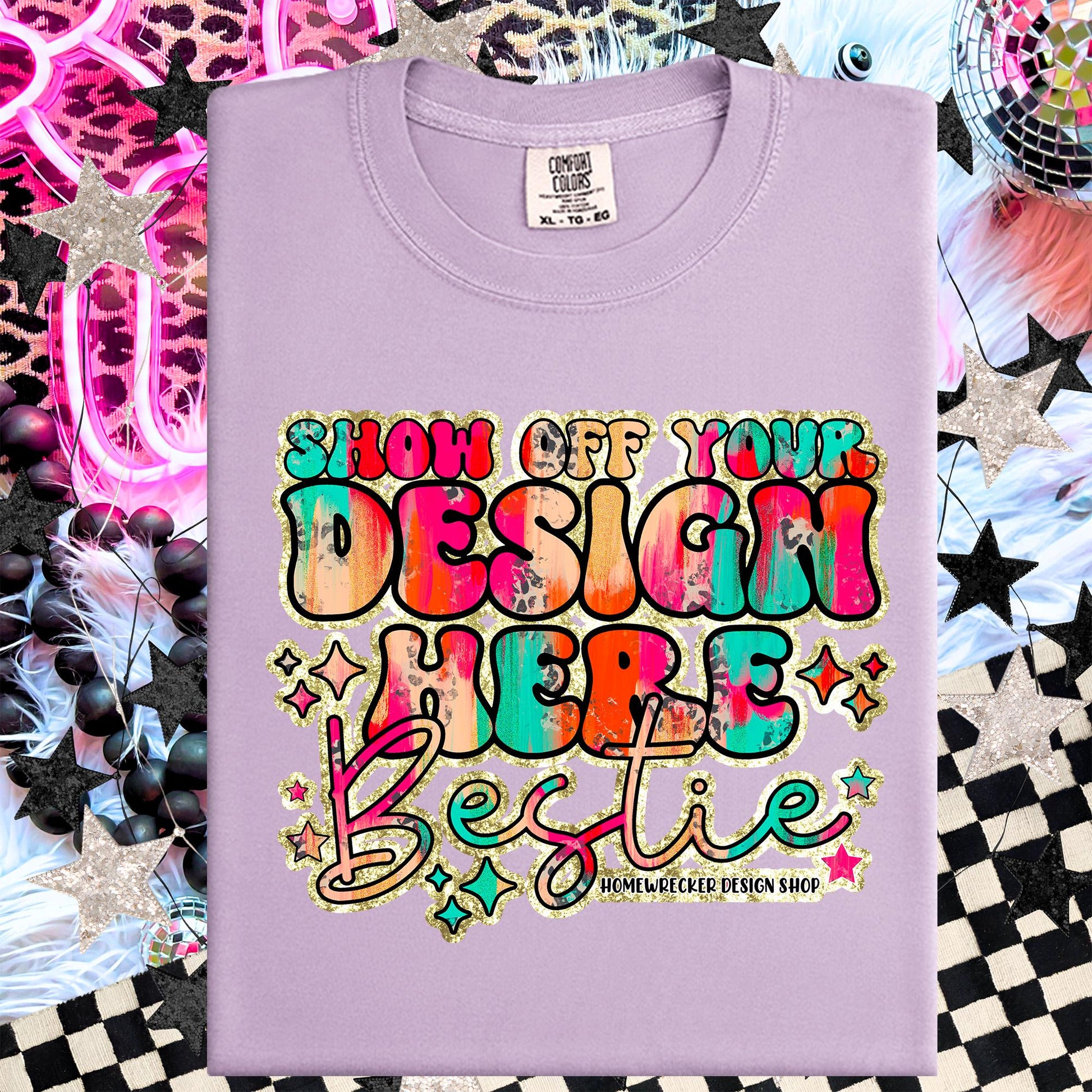 Comfort colors Mockup, Orchid , CC1717 flat lay, Neon Disco Balloon Dog Neon Light, Checkered print Trendy Mock up