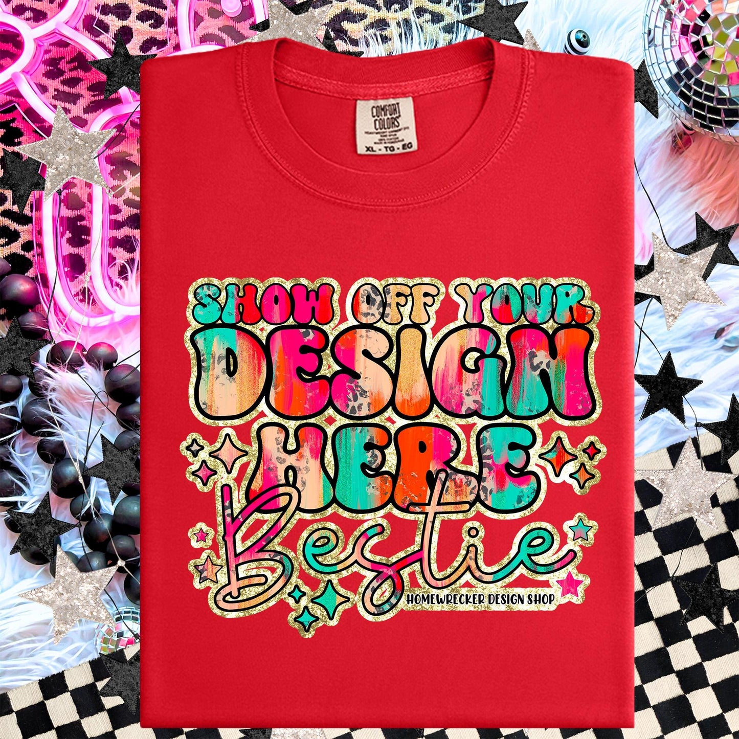 Comfort colors Mockup, Red , CC1717 flat lay, Neon Disco Balloon Dog Neon Light, Checkered print Trendy Mock up