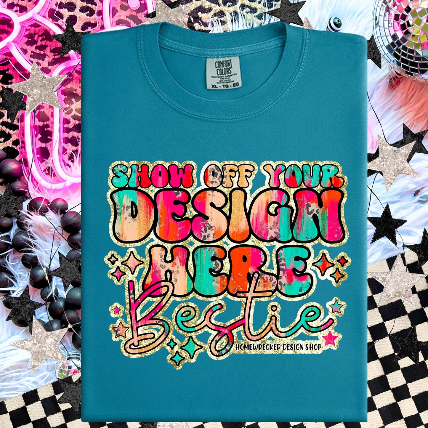 Comfort colors Mockup, Topaz Blue, CC1717 flat lay, Neon Disco Balloon Dog Neon Light, Checkered print Trendy Mock up