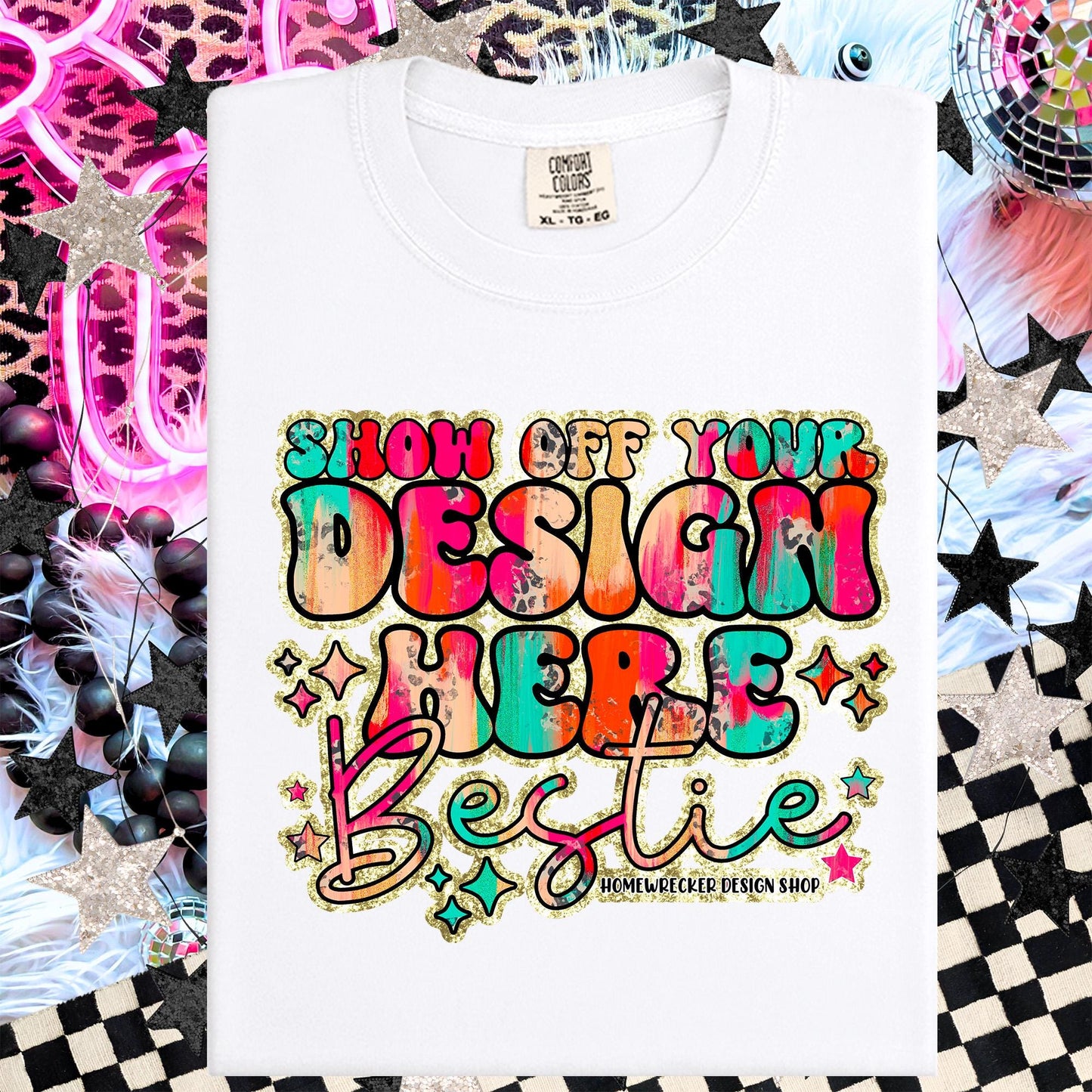 Comfort colors Mockup, White, CC1717 flat lay, Neon Disco Balloon Dog Neon Light, Checkered print Trendy Mock up