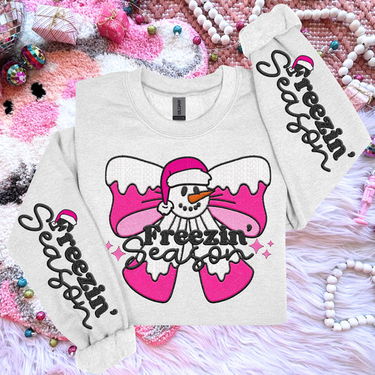 Freezin Season Snowman Bow PNG Faux Embroidery digital Design Christmas PNG Holiday T-shirt Design Holiday Digital Download