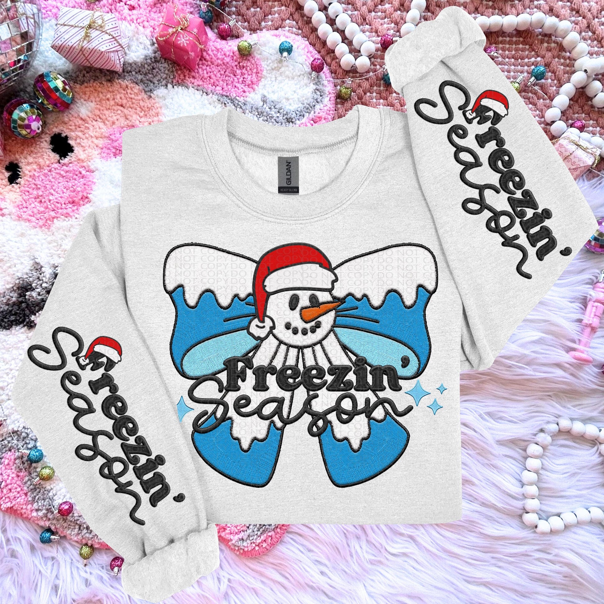 Freezin Season Snowman Bow PNG Faux Embroidery digital Design Christmas PNG Holiday T-shirt Design Holiday Digital Download