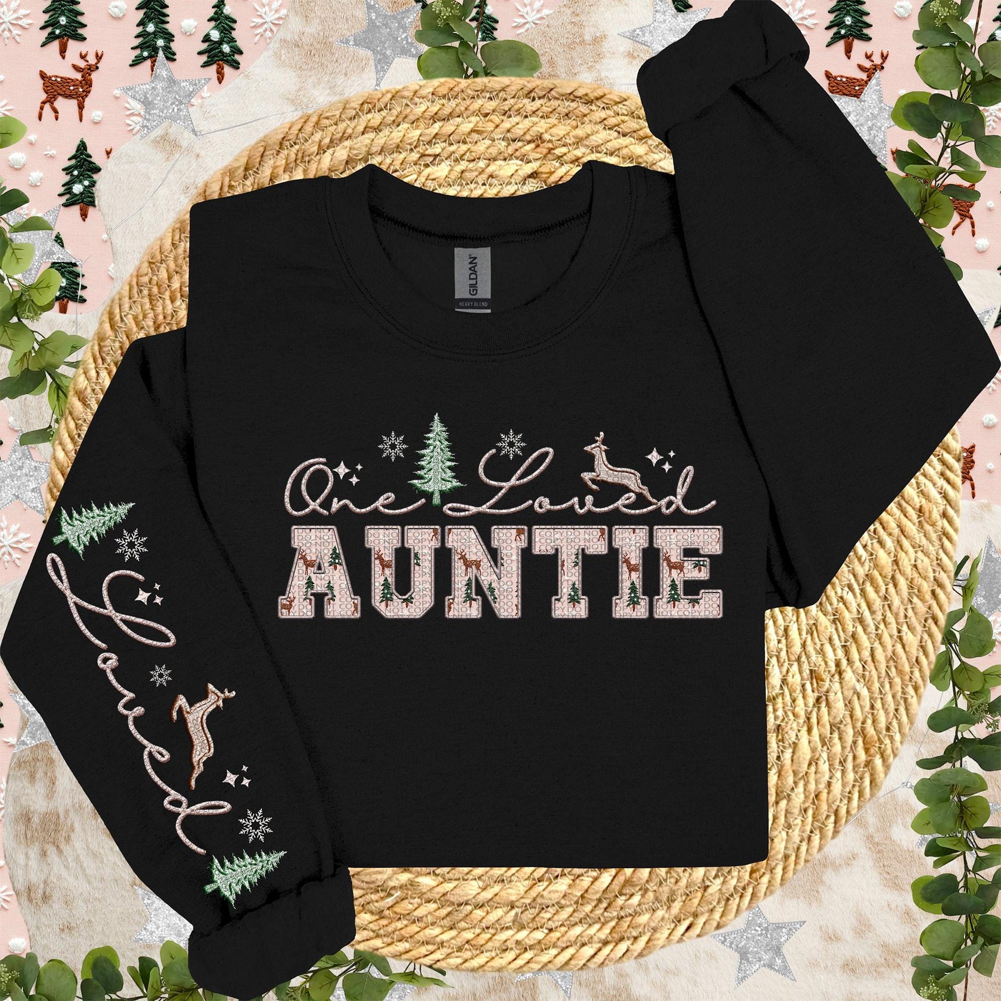 AUNTIE | One Loved Faux Embroidery Christmas Winter PNG with Sleeve Accent