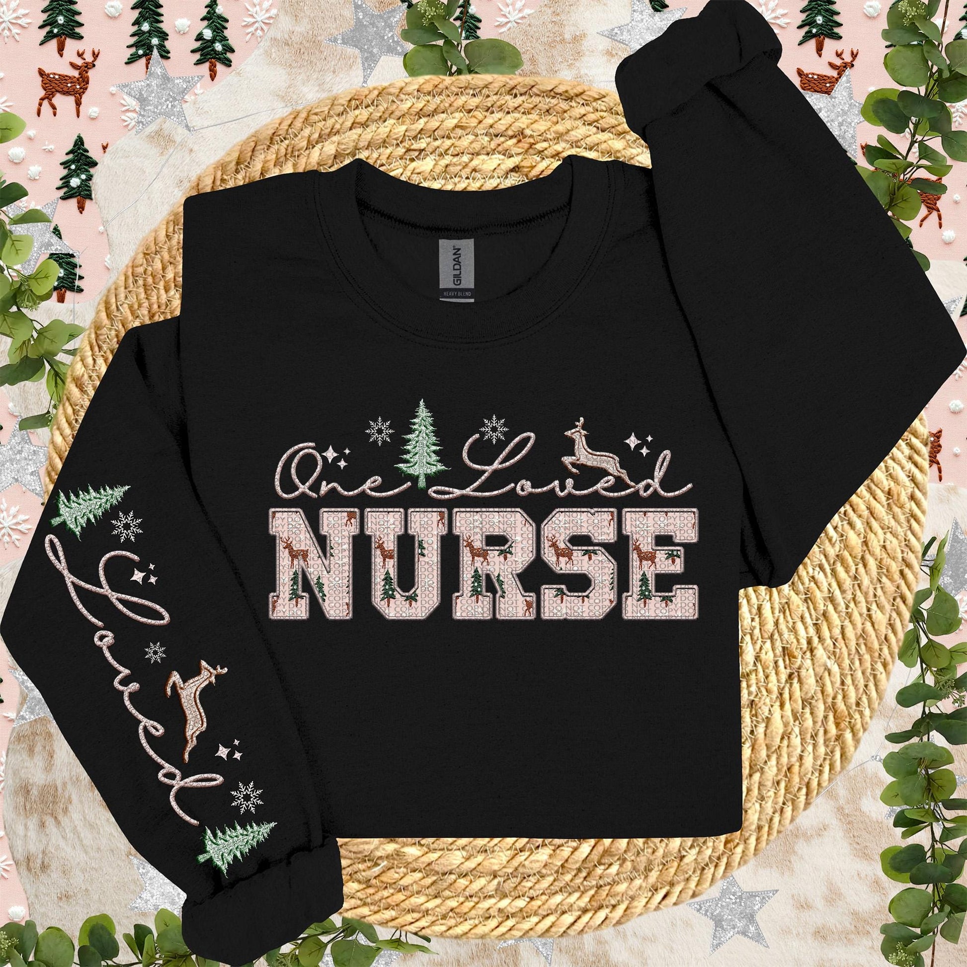 NURSE | One Loved Faux Embroidery Christmas Winter PNG with Sleeve Accent