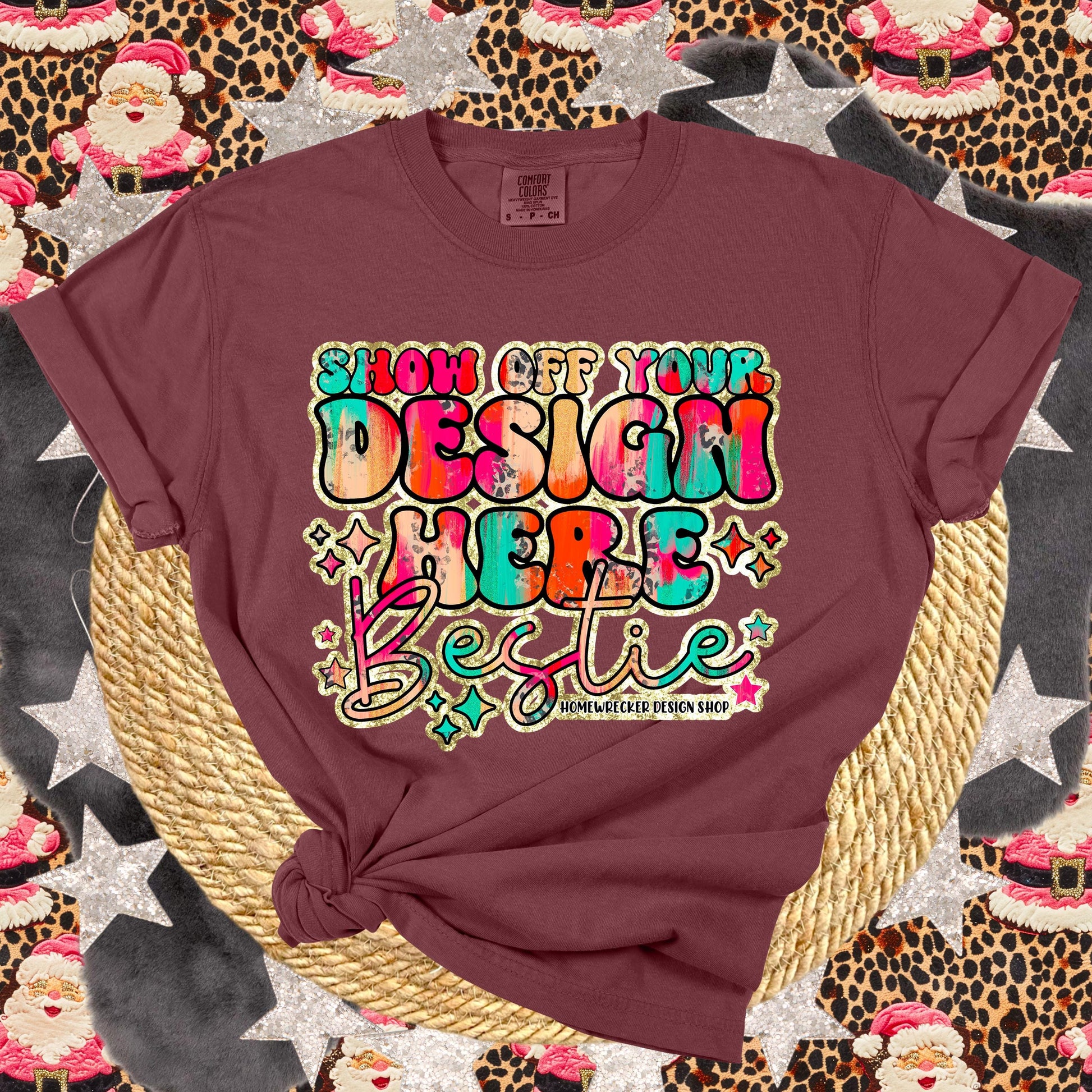 Comfort Colors Mockup, Christmas T-shirt Mock-up, BRICK, flat lay, Retro leopard print Santa Claus, product mock-up, blank t-shirt download