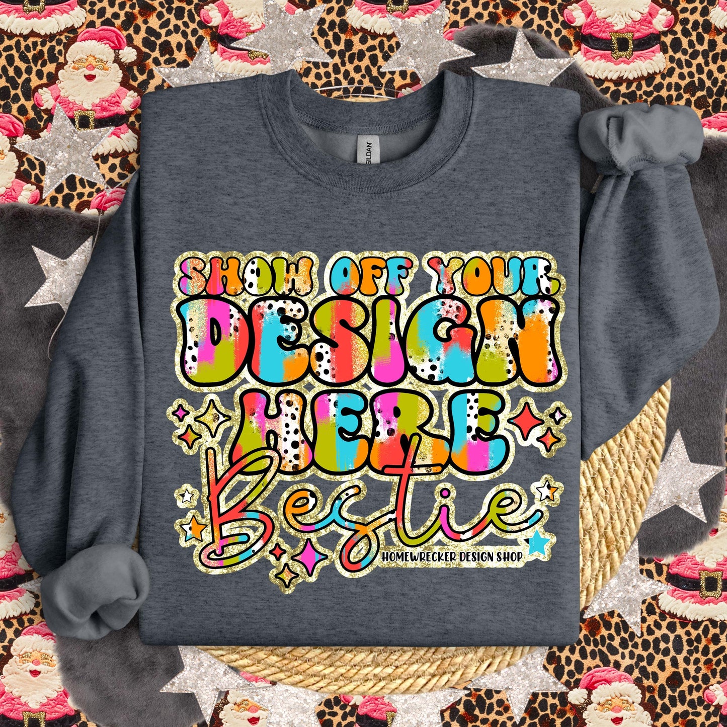 GILDAN Dark Heather Sweatshirt Mockup, G18000 Mockup, flat lay, Retro leopard print Santa Claus, product mock-up, download