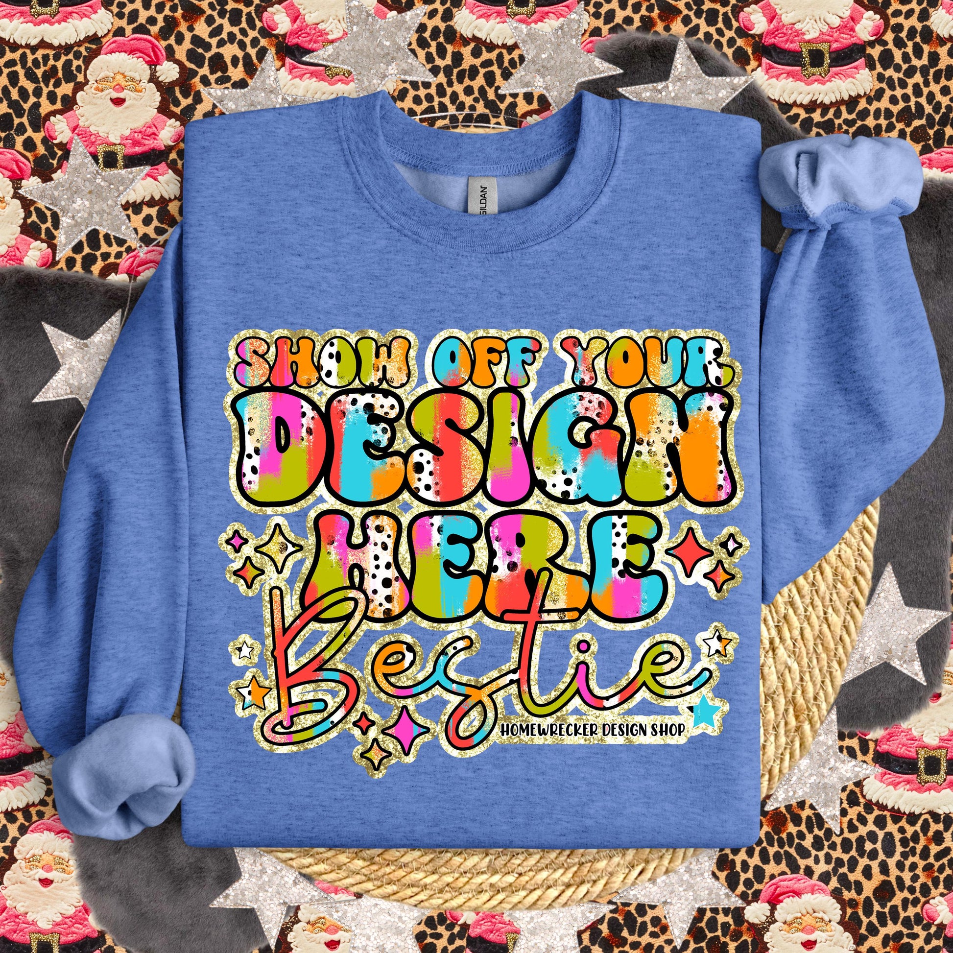 GILDAN Heather Sport Royal Sweatshirt Mockup, G18000 Mockup, flat lay, Retro leopard print Santa Claus, product mock-up, download