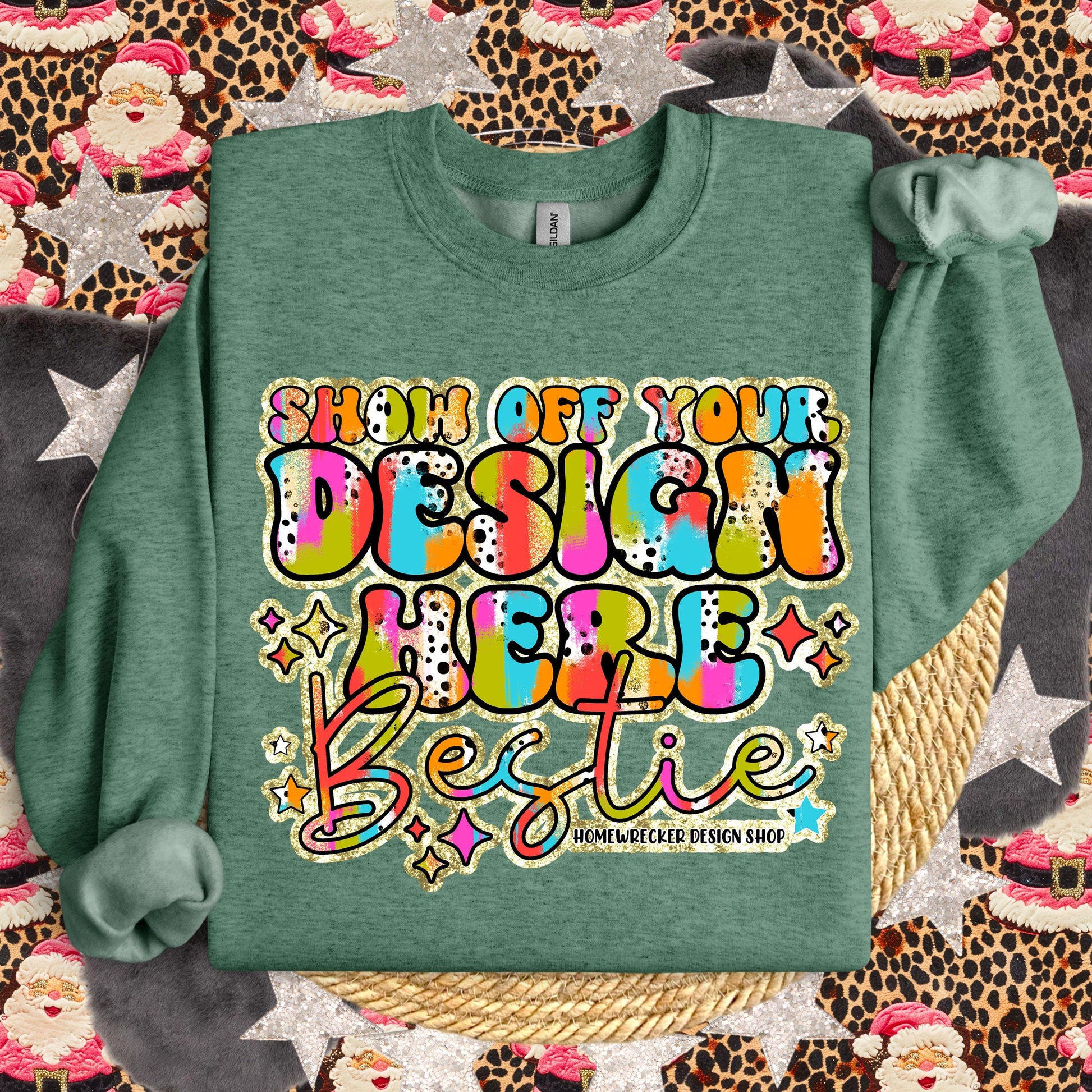 GILDAN Heather Sport Dark Green Sweatshirt Mockup, G18000 Mockup, flat lay, Retro leopard print Santa Claus, product mock-up, download